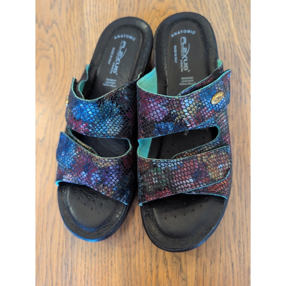Flexus Anatomical Wedge Sandals Vibrant Multi Color Snake Skin Adjustable‎ Sz 39